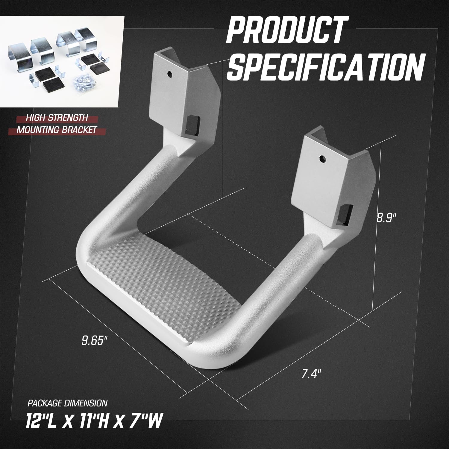 DNA MOTORING silver finish side hoop steps enhance rugged aesthetics and durability.