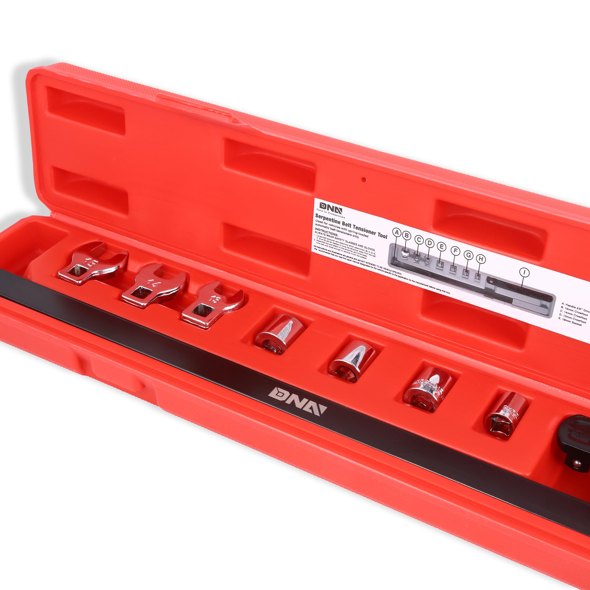 DNA MOTORING sockets and crowfoot wrenches for versatile belt maintenance.
