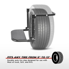 DNA Motoring adjustable-height folding tire step with four height options for versatile mounting.