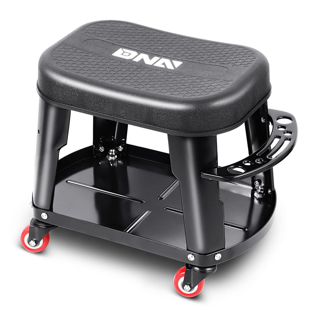DNA Motoring rolling garage stool with smooth swivel casters for easy movement.