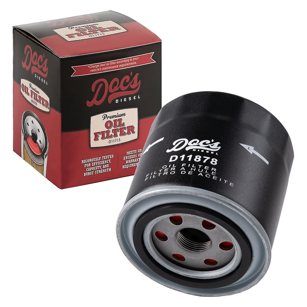 Doc's Diesel oil filter D11878-12-pack media highlights high-flow filtration performance.
