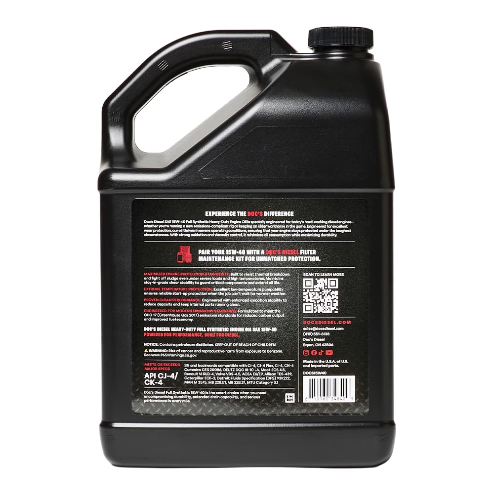 Doc's Diesel 15W-40 bottle pour, emphasizing quick lubrication at cold starts.