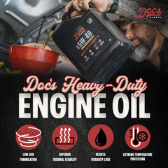 Doc's Diesel 5W-40 label closeup highlighting high-temperature stability.