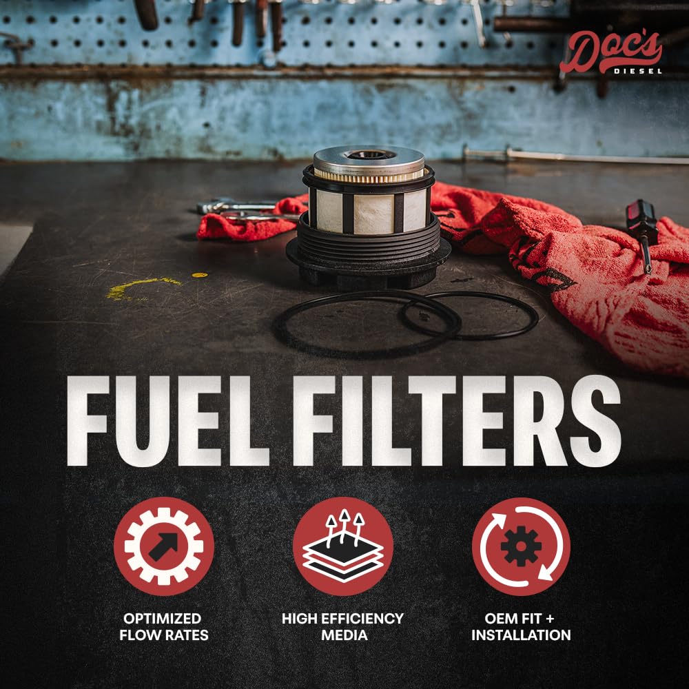 Doc's Diesel Filter DCS8629OE side view shows durable housing for Ford 7.3L.