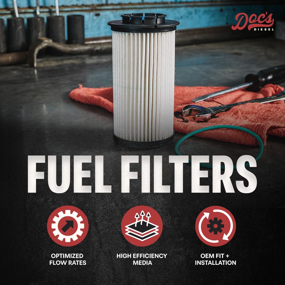 Doc's Diesel Fuel Filter DGF412 side view emphasizes compact fit for RAM EcoDiesel.