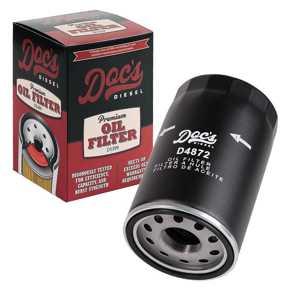 Doc's Diesel Oil Filter D4872 front view with rugged housing for Ford 7.3L reliability.
