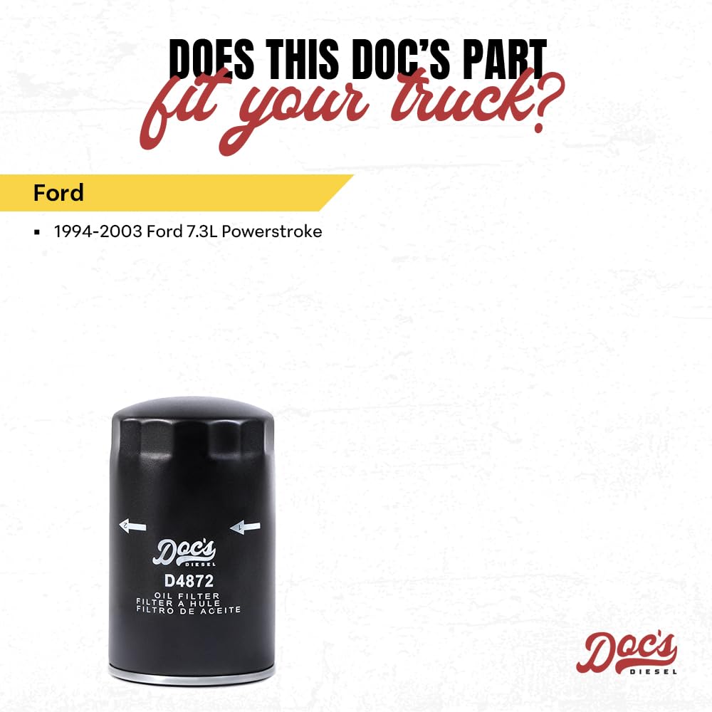 Doc's Diesel Oil Filter D4872 packaging showcases compatibility with Ford 7.3L Powerstroke.