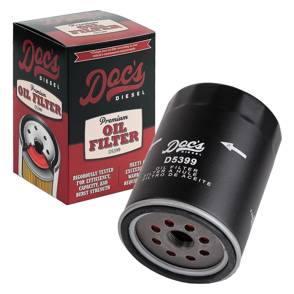 Doc's Diesel Oil Filter D5399-12 packaging illustrates ready-to-install replacement options.