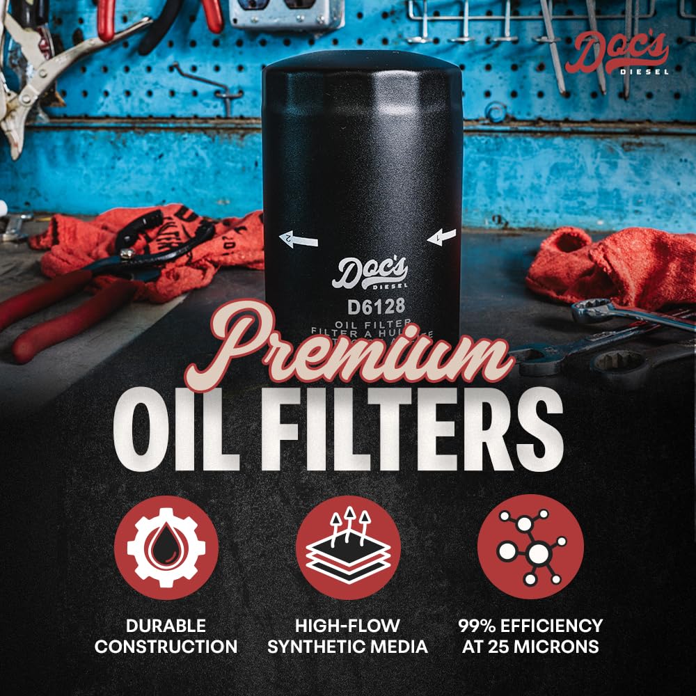 Doc's Diesel Oil Filter D6128 side view highlights heavy-duty housing for long life