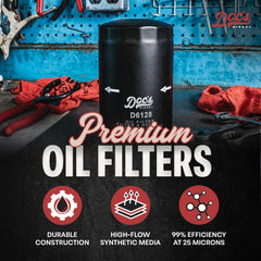 Doc's Diesel Oil Filter D6128 side view highlights heavy-duty housing for long life