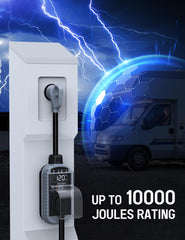 Docusvect 10,000J protection absorbs spikes and auto shuts off if needed.