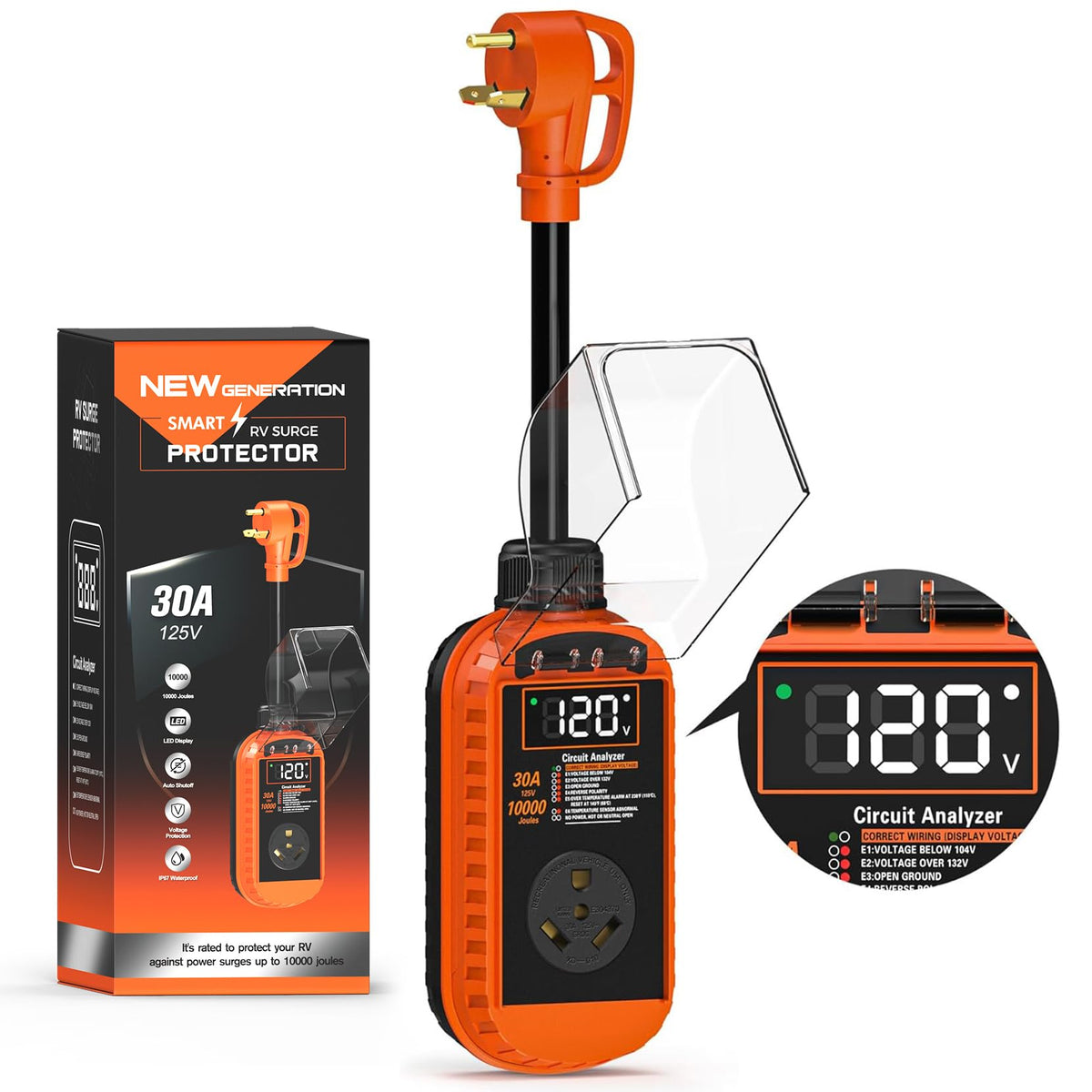 Docusvect Smart RV Surge Protector 30A front panel shows protection status clearly.