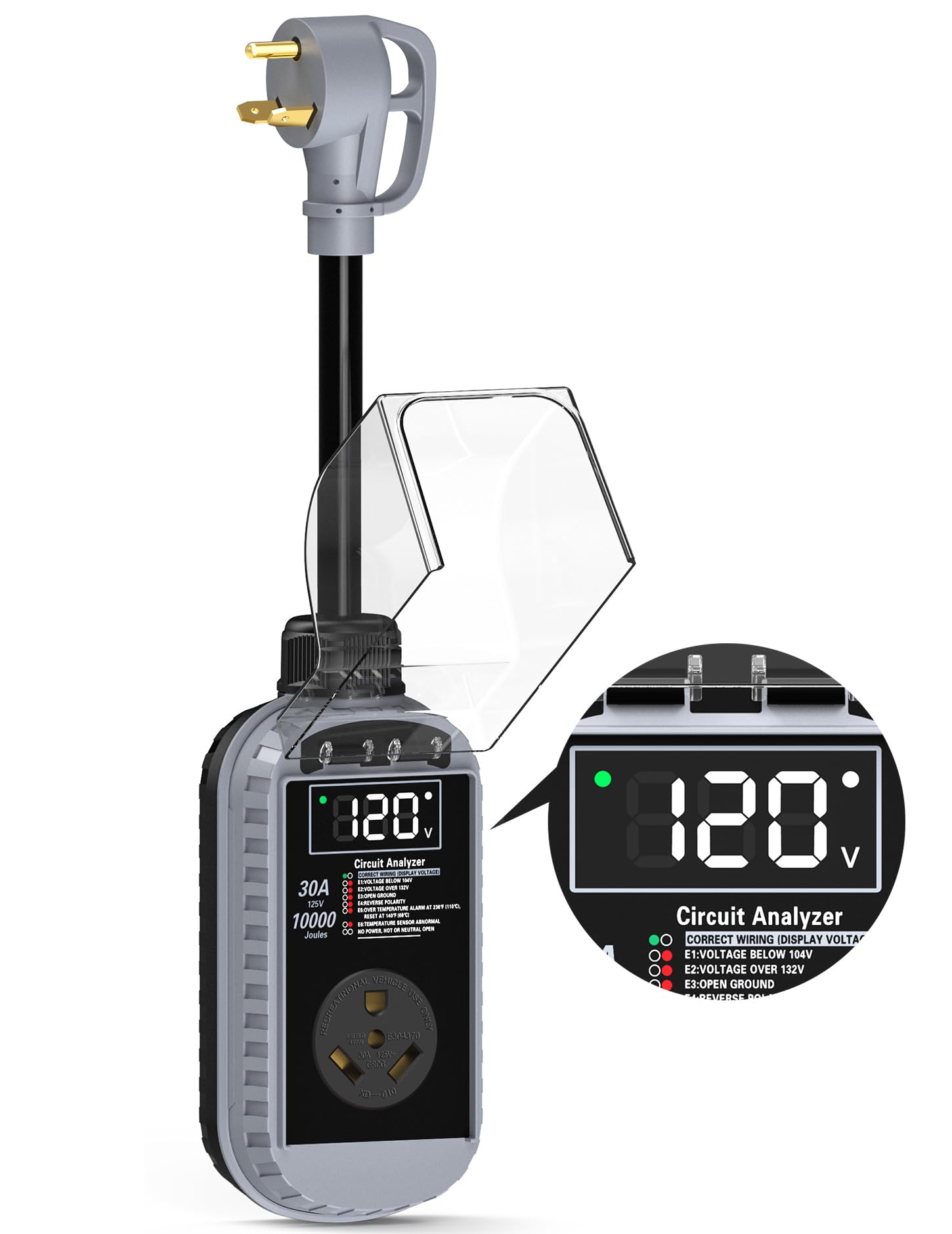 Docusvect smart RV surge protector with LED display shows real-time status.