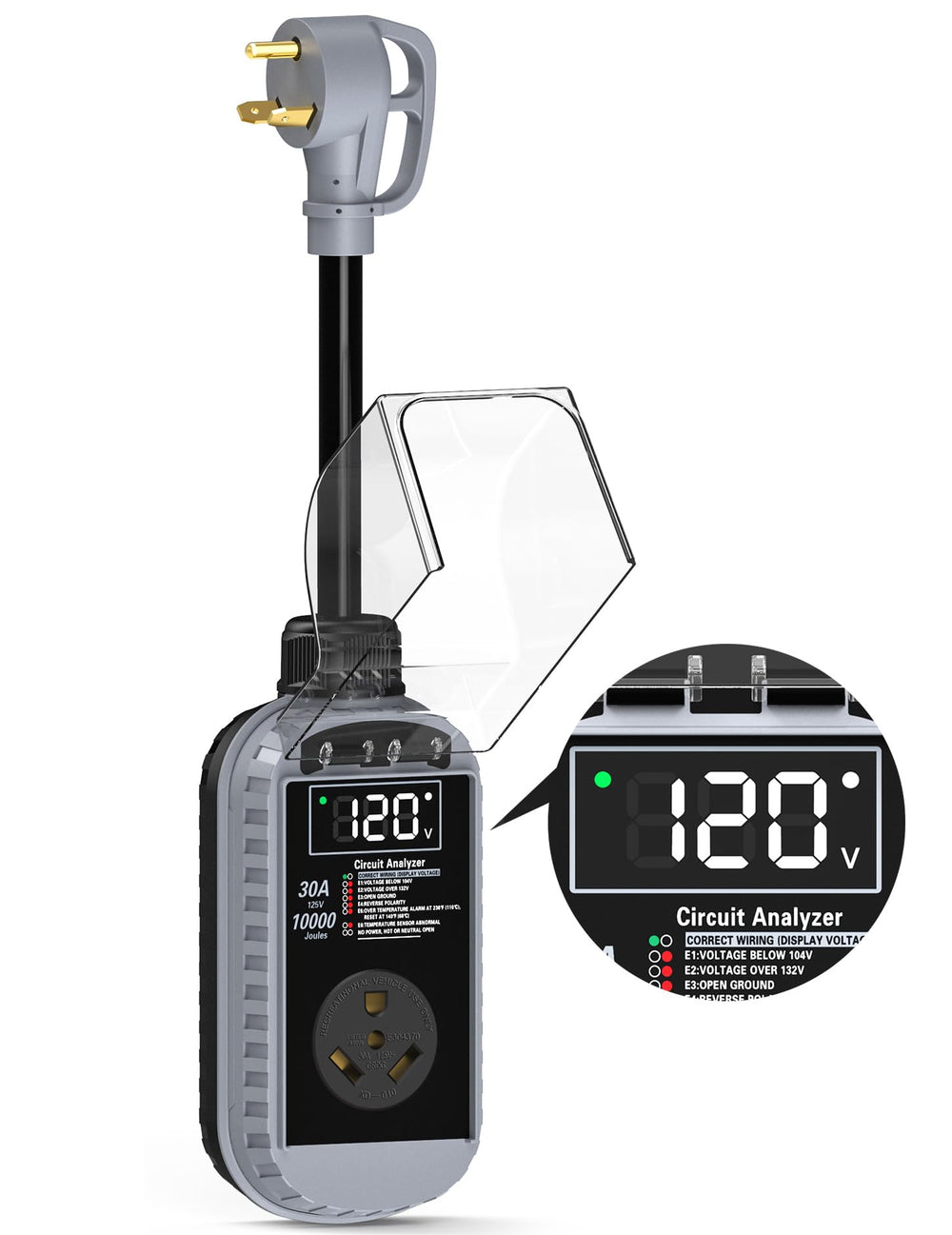 Docusvect smart RV surge protector with LED display shows real-time status.