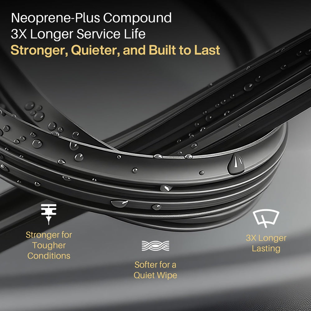 DOG TAIL wiper blade with neoprene rubber delivers quiet operation.