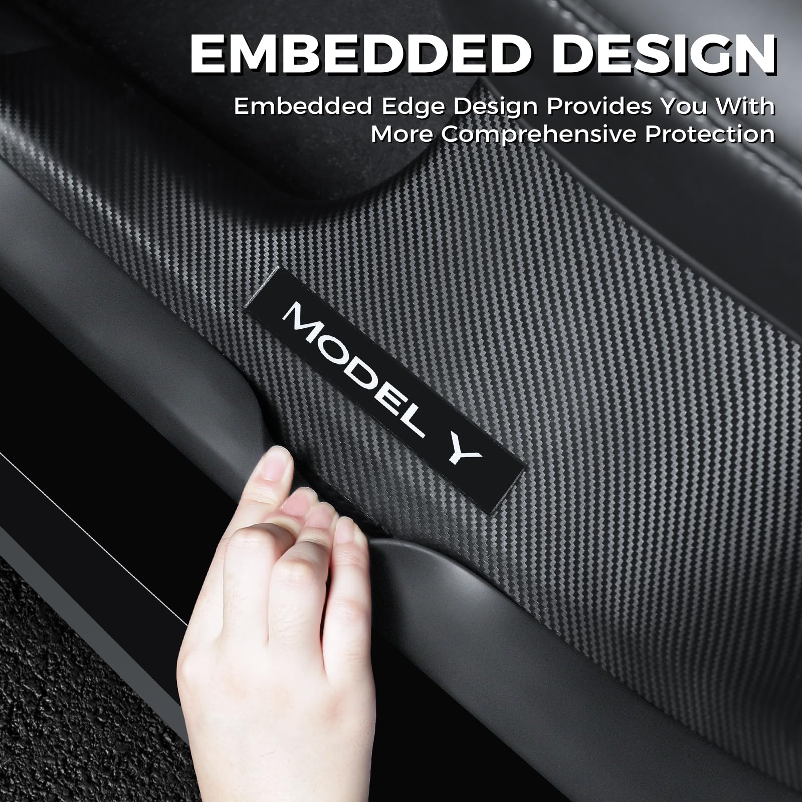 Doietc door sill protector close-up showing carbon fiber texture.