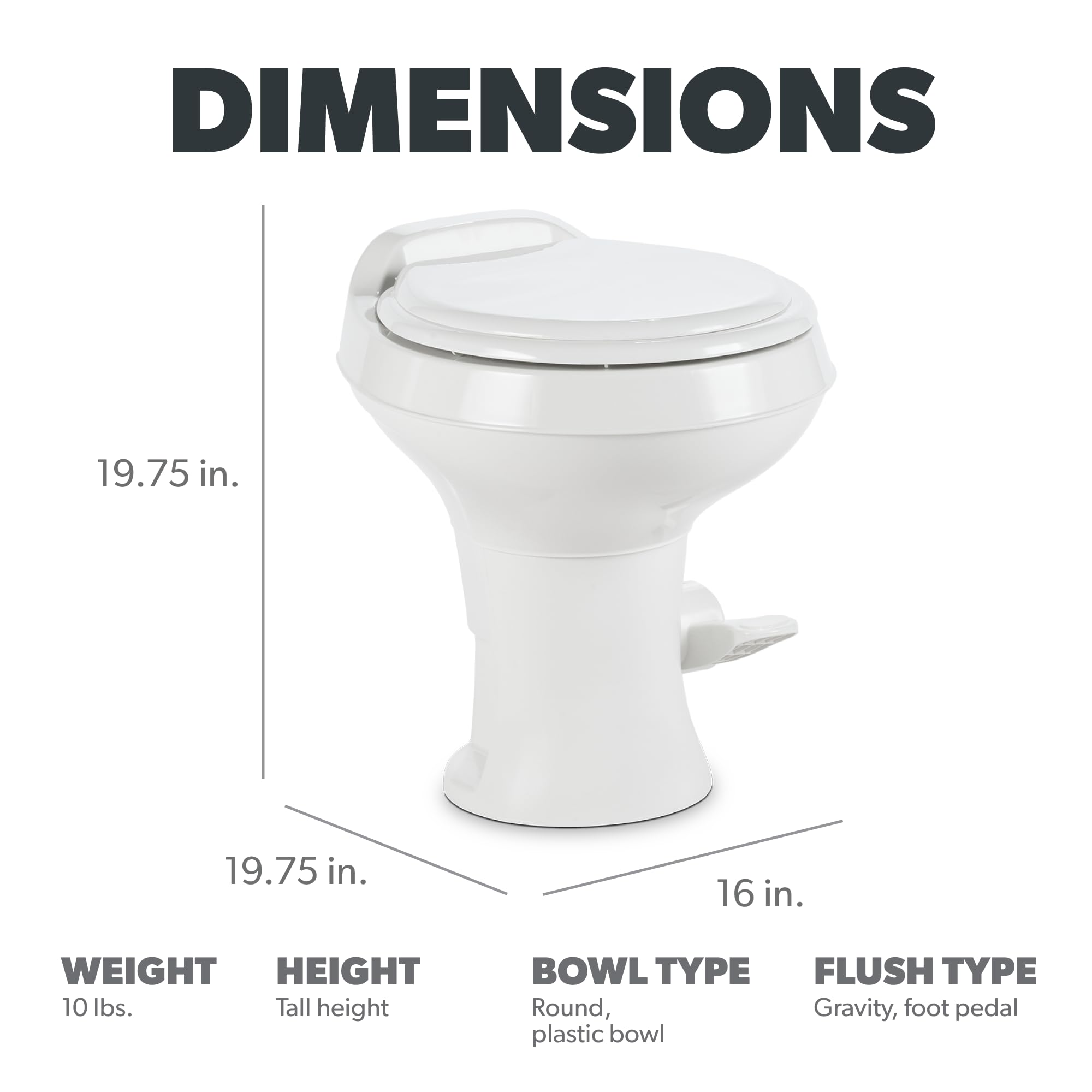 Dometic 300-series toilet front view with full-size residential seat for comfort.