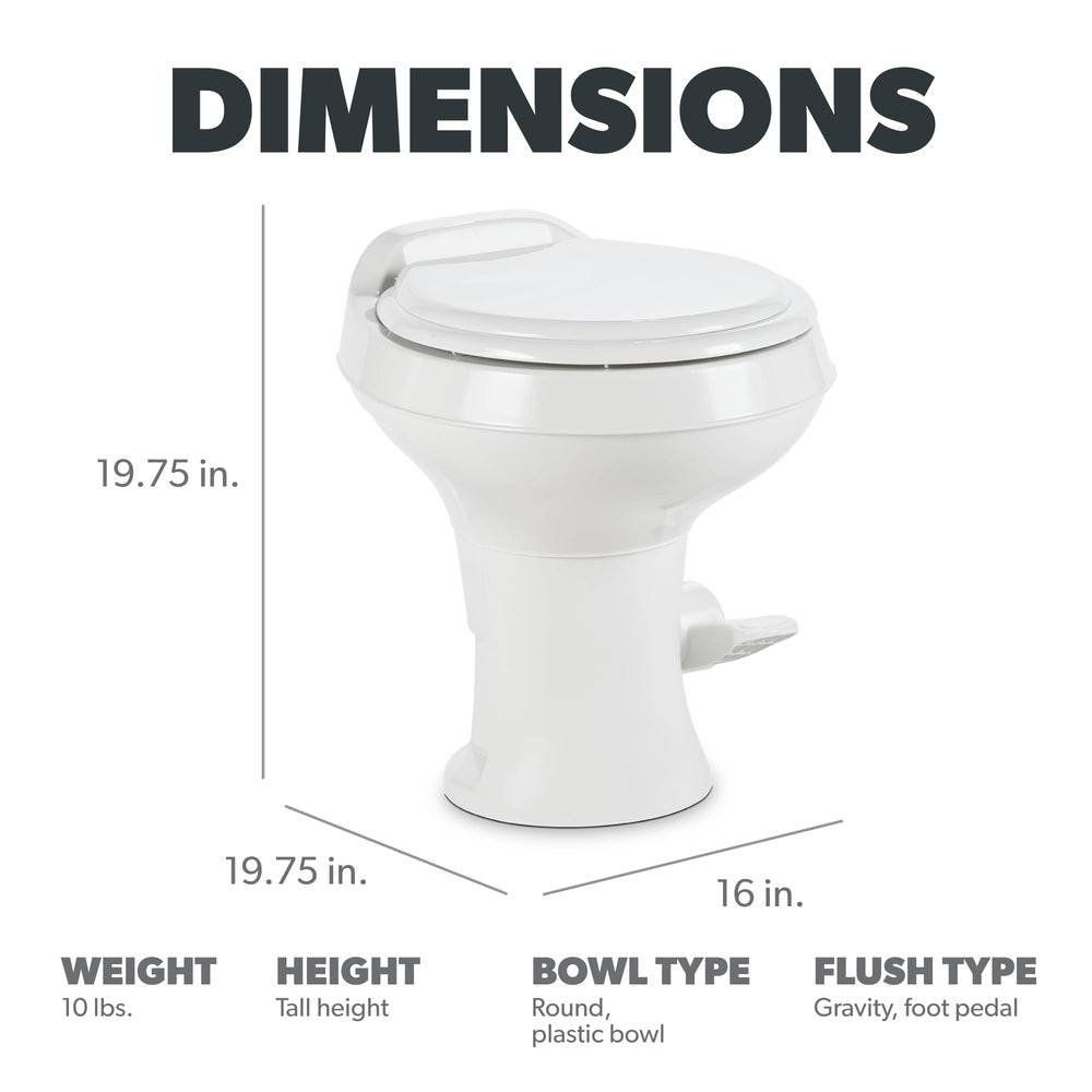 Dometic 300-series toilet front view with full-size residential seat for comfort.