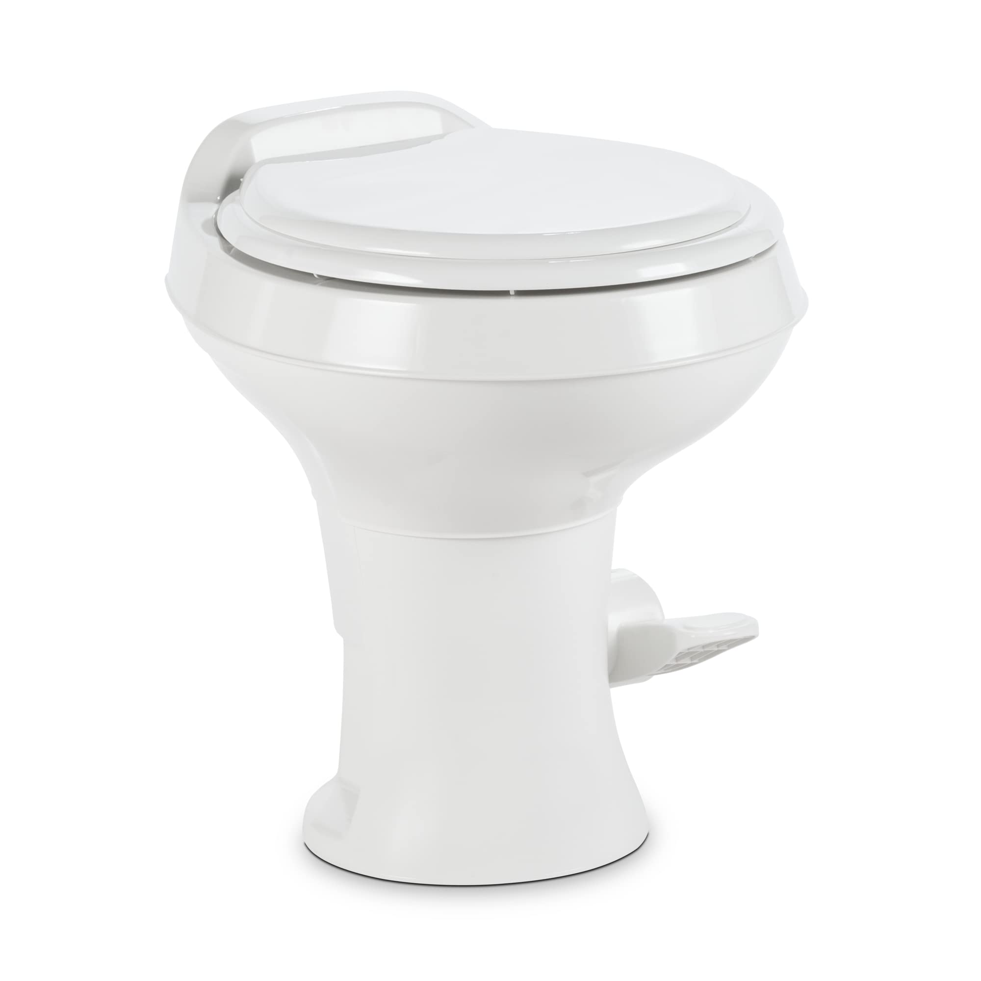 Dometic 300-series toilet side view showing space-saving design for RV interiors.