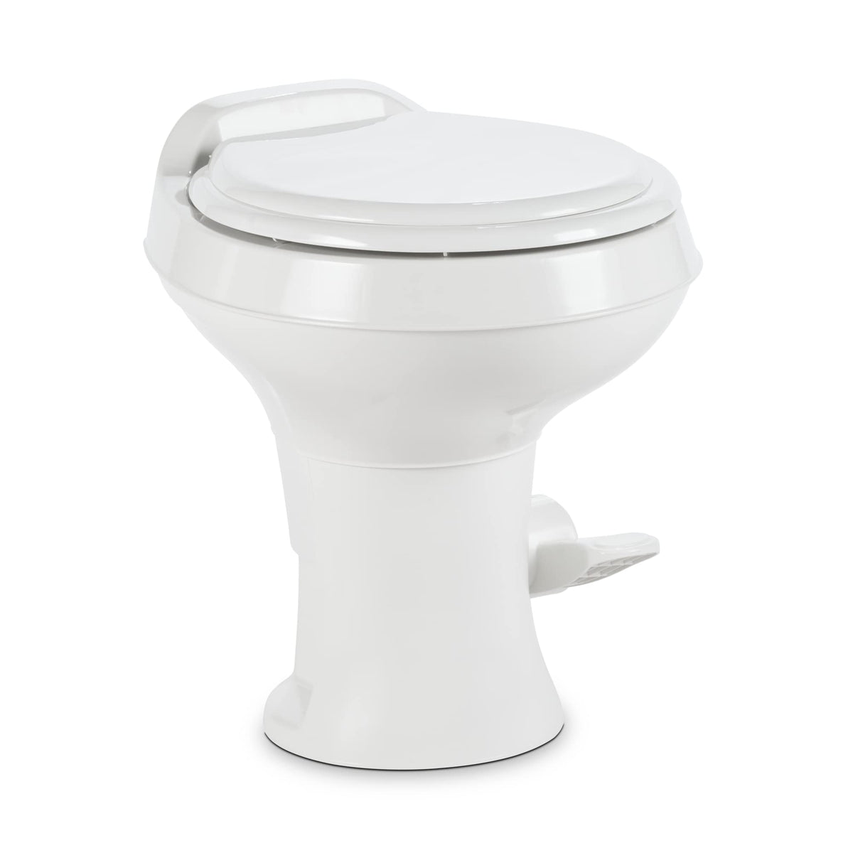 Dometic 300-series toilet side view showing space-saving design for RV interiors.