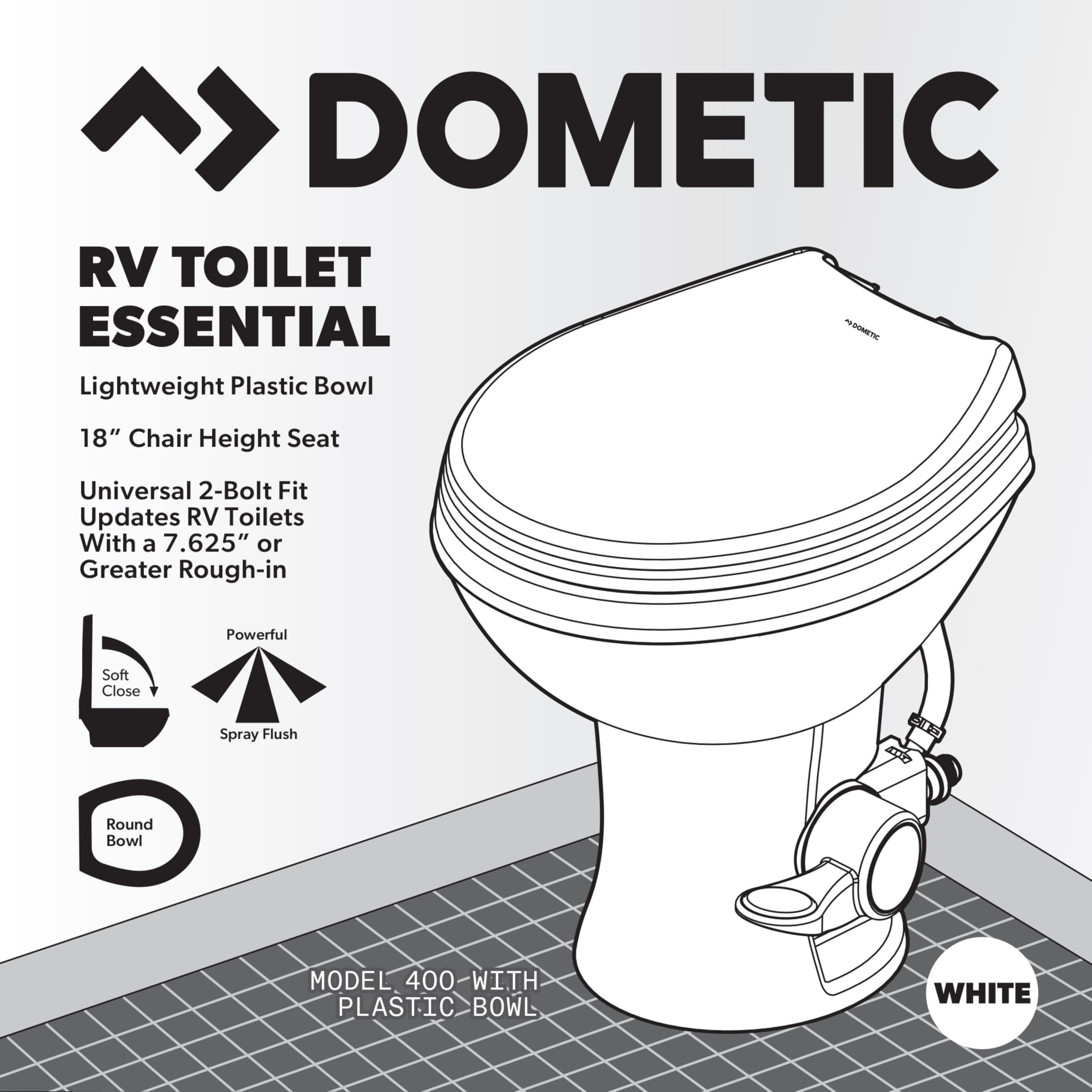 Dometic 400 Essential toilet 2-bolt mount showcases simple drop-in installation.