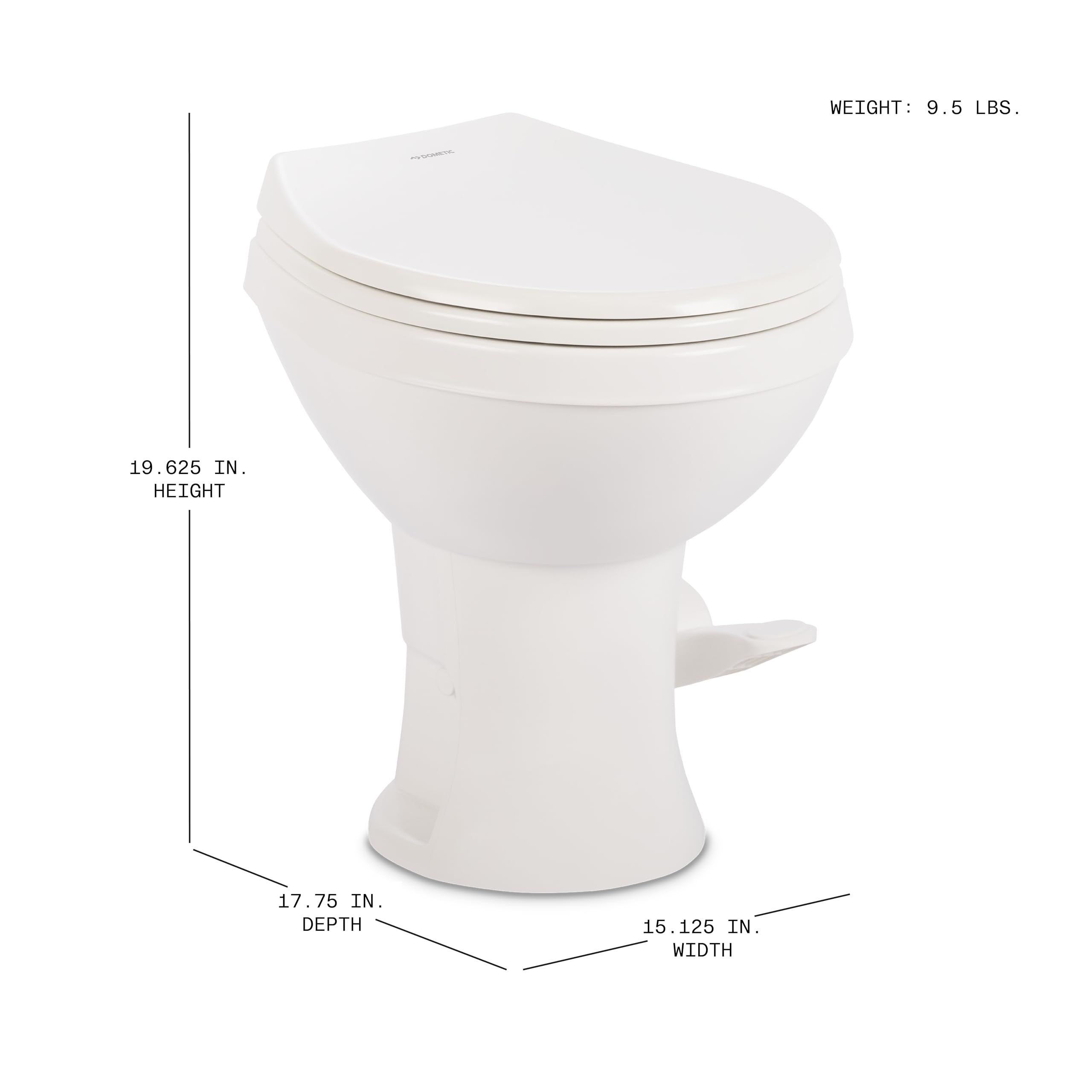 Dometic 400 Essential toilet seat close-up features soft-close and easy-clean hinge.