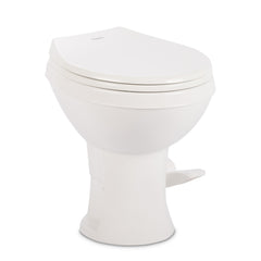 Dometic 400 Essential toilet front view shows compact profile for tight RV spaces.