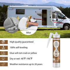 Dongxw sealant curing process on RV roof shows durable, long-lasting bond.