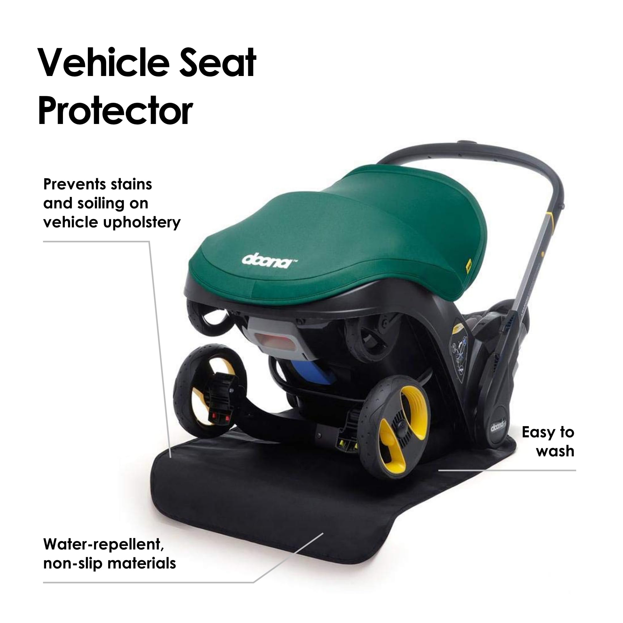 Doona Vehicle Seat Protector with water-repellent fabric stays in place for mess-free rides.