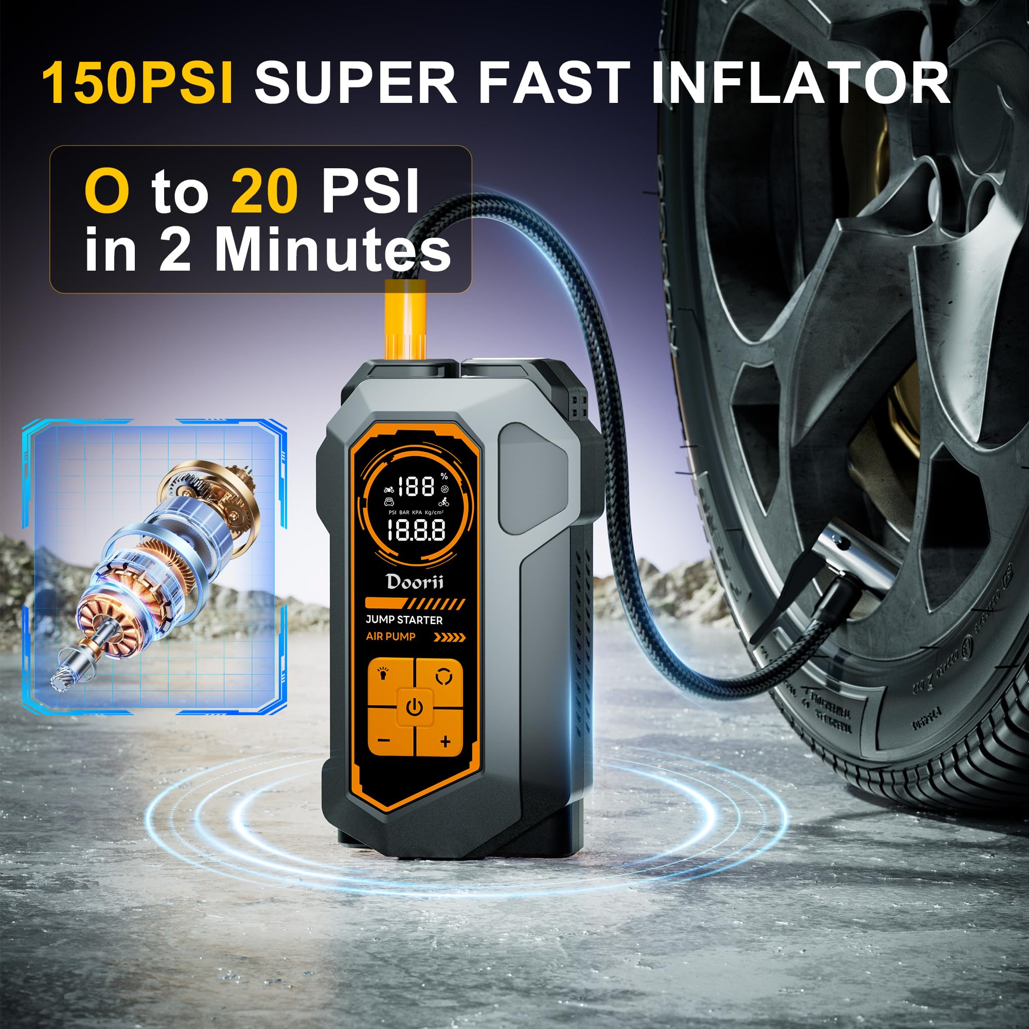 Doorii built-in 150PSI air compressor close-up delivering fast inflation and accurate pressure