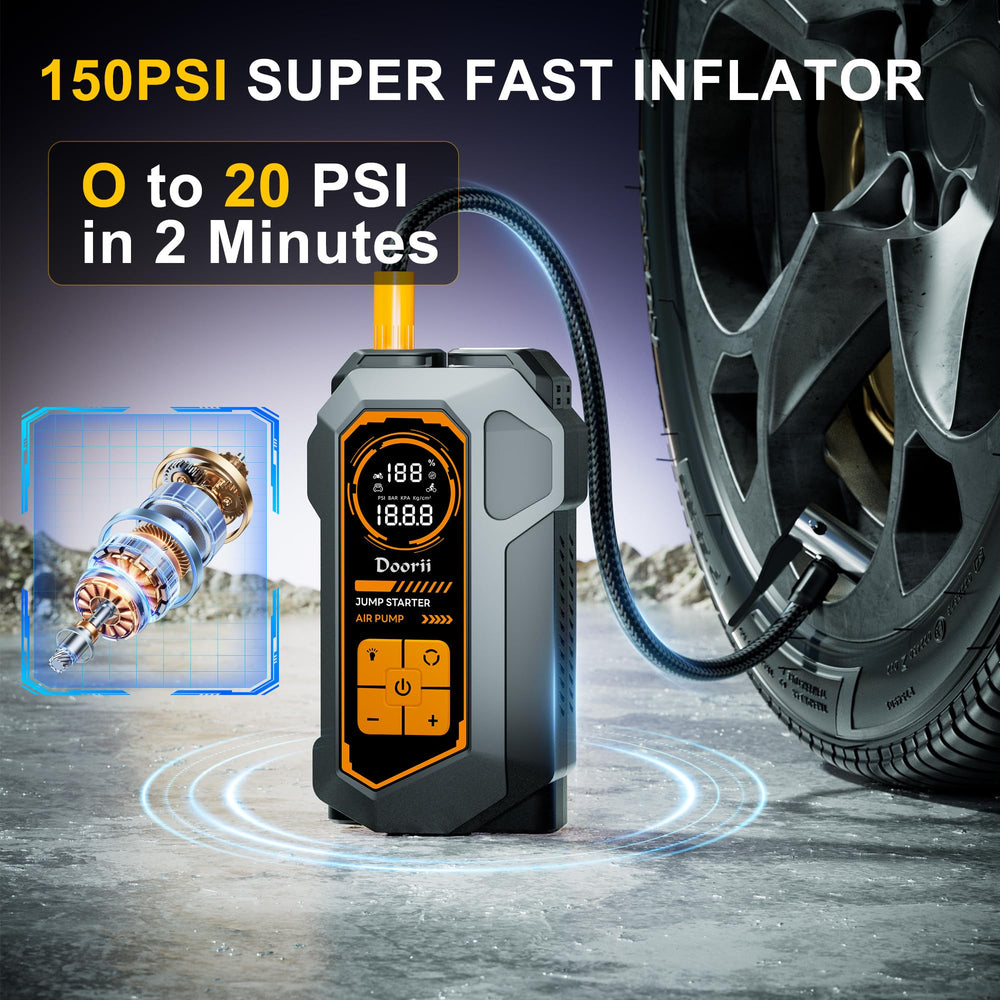 Doorii built-in 150PSI air compressor close-up delivering fast inflation and accurate pressure