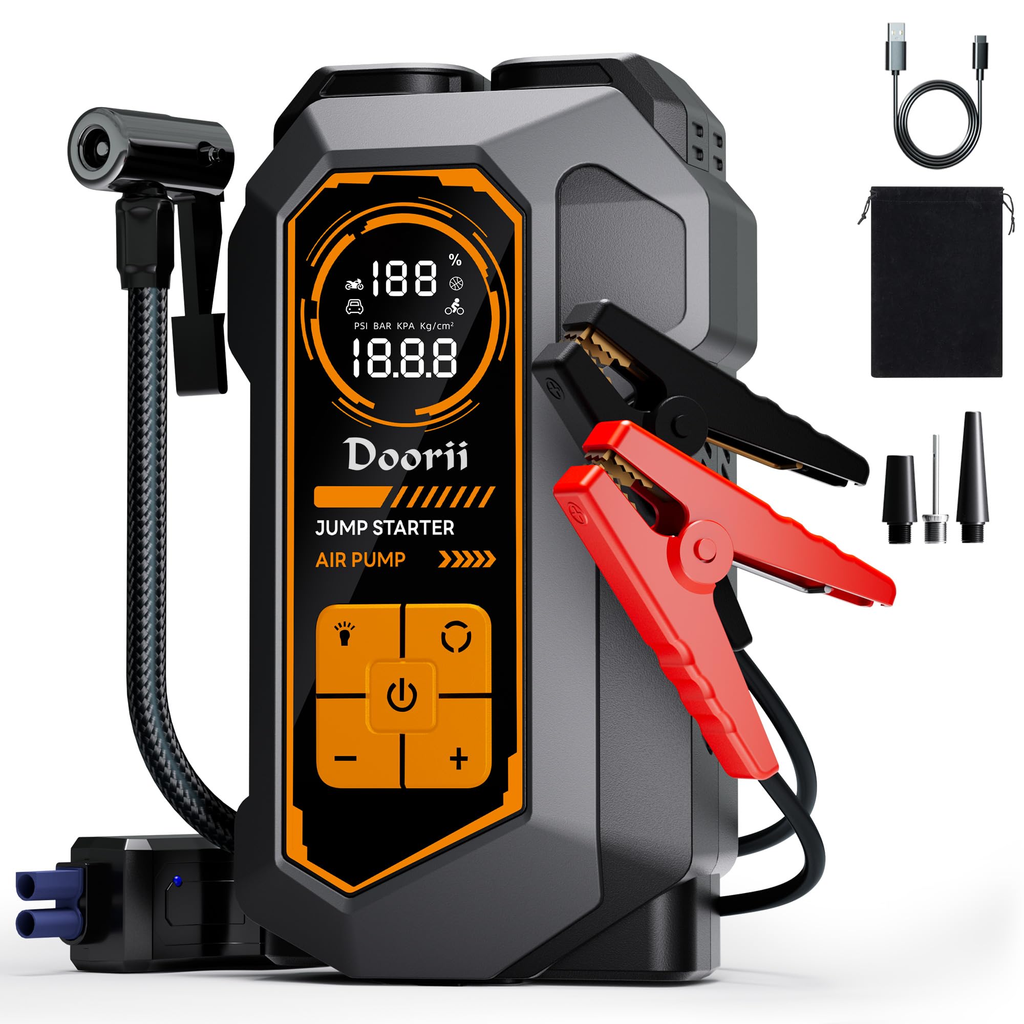Doorii 8000A front view showing compact jump starter and inflator for dependable roadside help