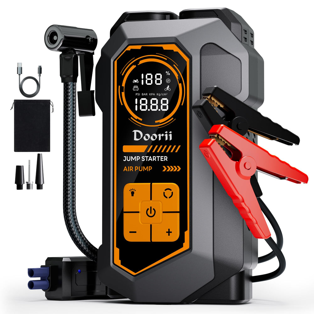 Doorii Jump Starter with Air Compressor in front view showing compact all-in-one emergency kit.