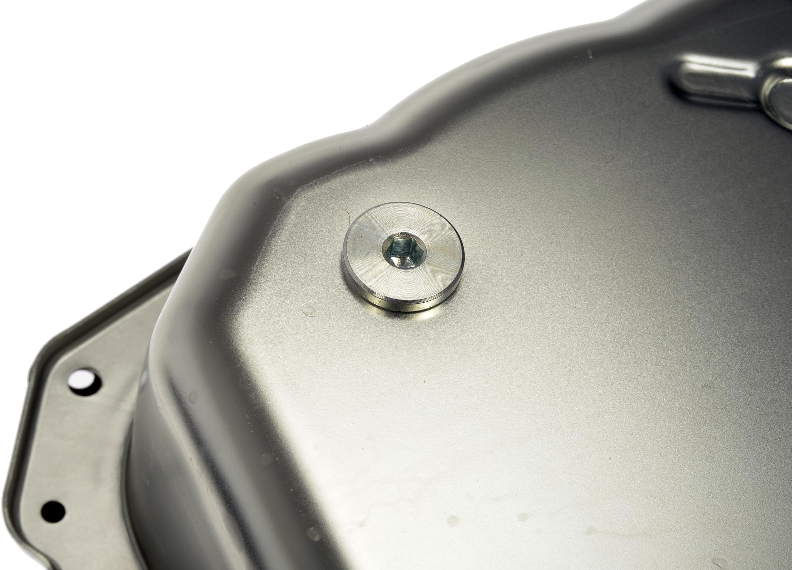 Dorman 265-582 transmission oil pan closeup edges indicating precise manufacturing