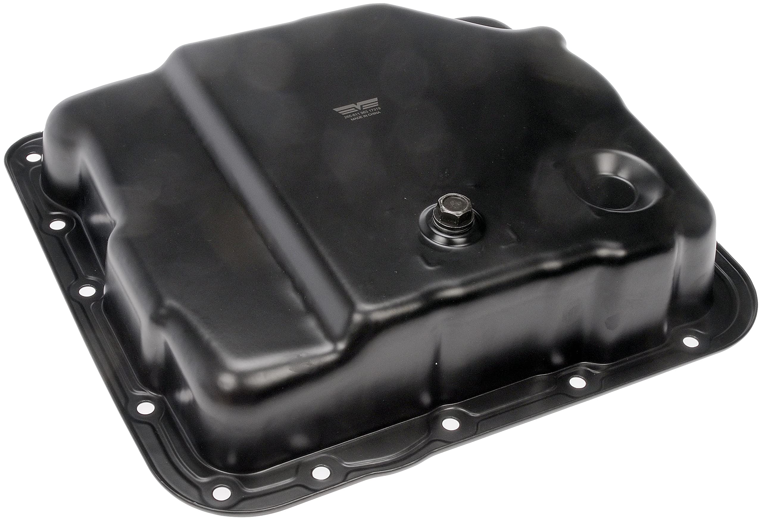 Dorman 265-811 transmission oil pan with drain plug for spill-free service.