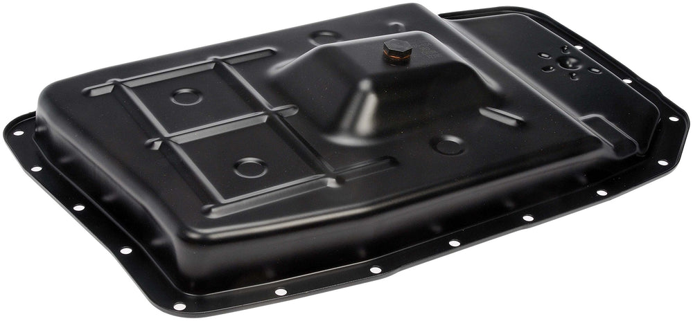 Dorman 265-854 transmission pan with drain plug, close-up highlighting the drain feature.