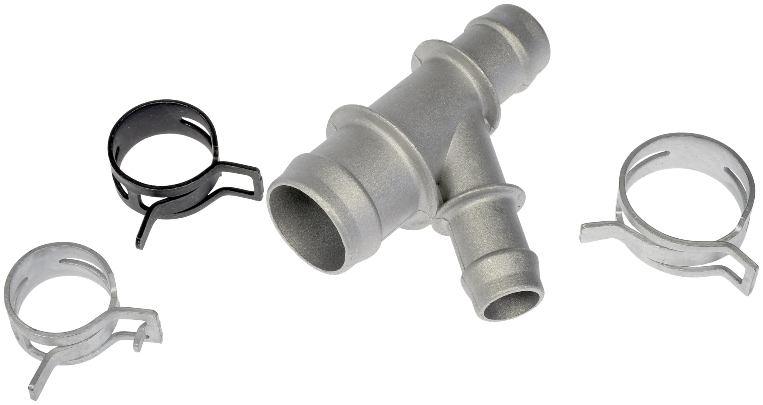 Dorman 47157 coolant hose junction product front view highlighting aluminum construction for durability.
