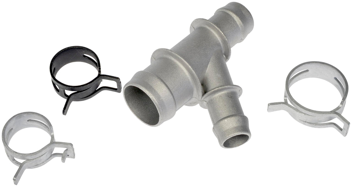 Dorman 47157 coolant hose junction product front view highlighting aluminum construction for durability.