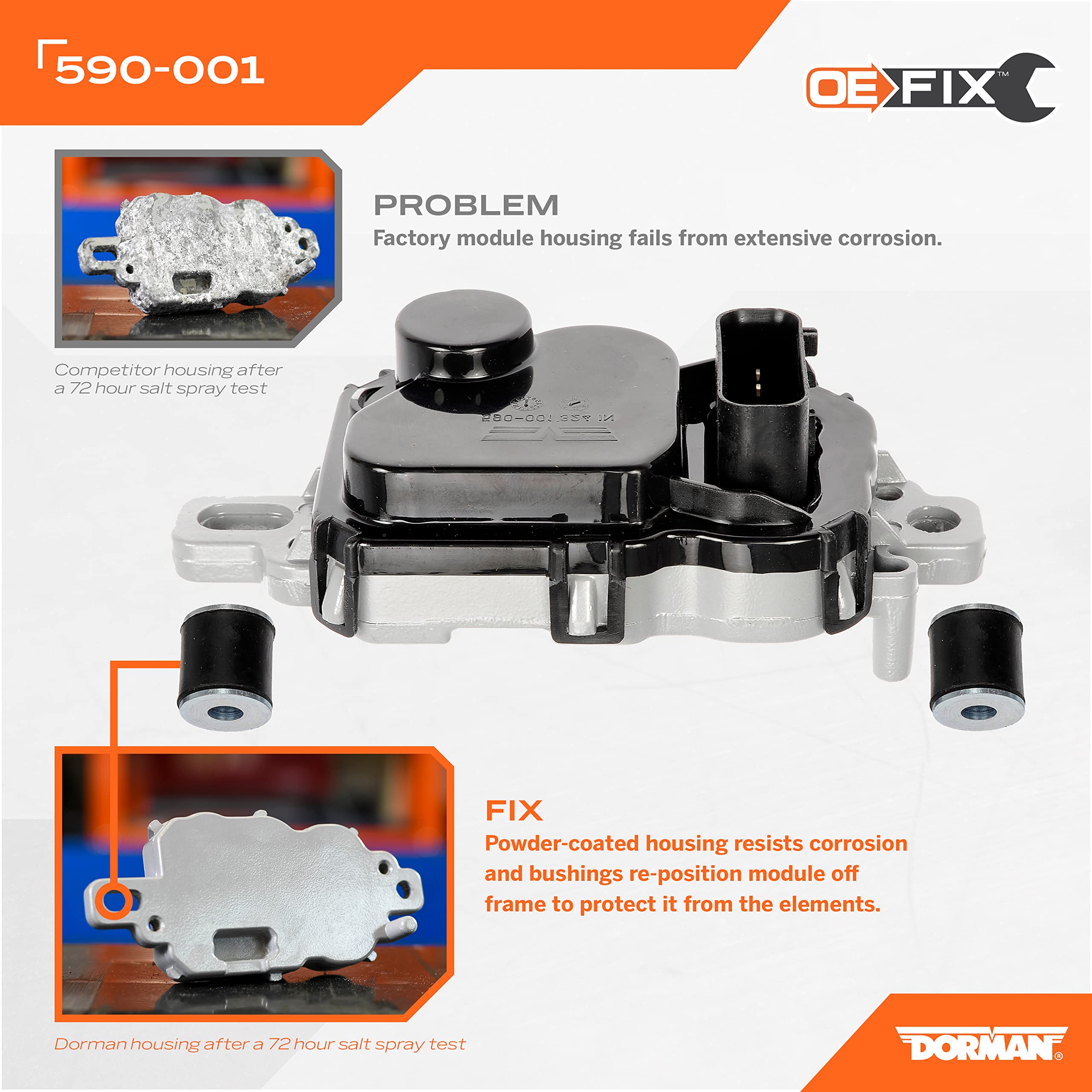 Dorman 590-001 powder-coated housing shown for corrosion resistance