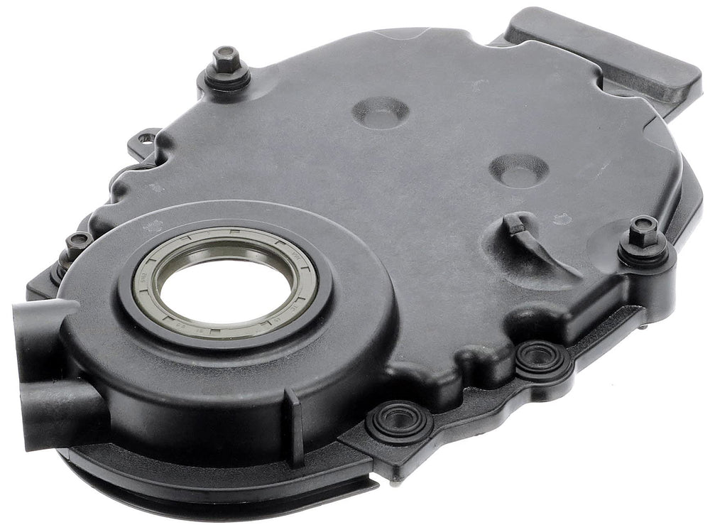 Dorman 635-505 timing cover, front view, direct replacement for engine timing