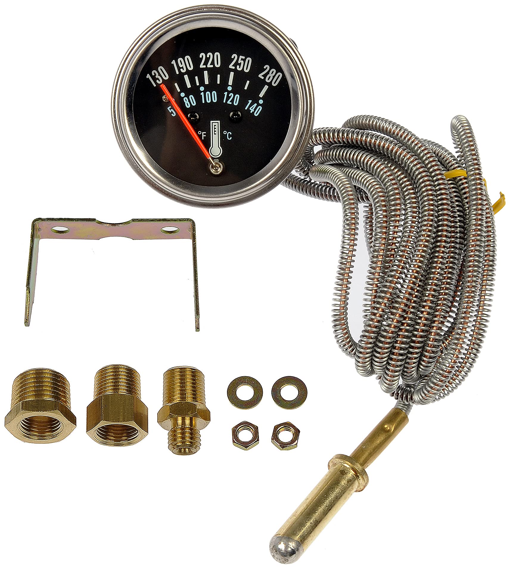 Dorman 7-120 water temperature gauge front view with backlit dial for quick readings