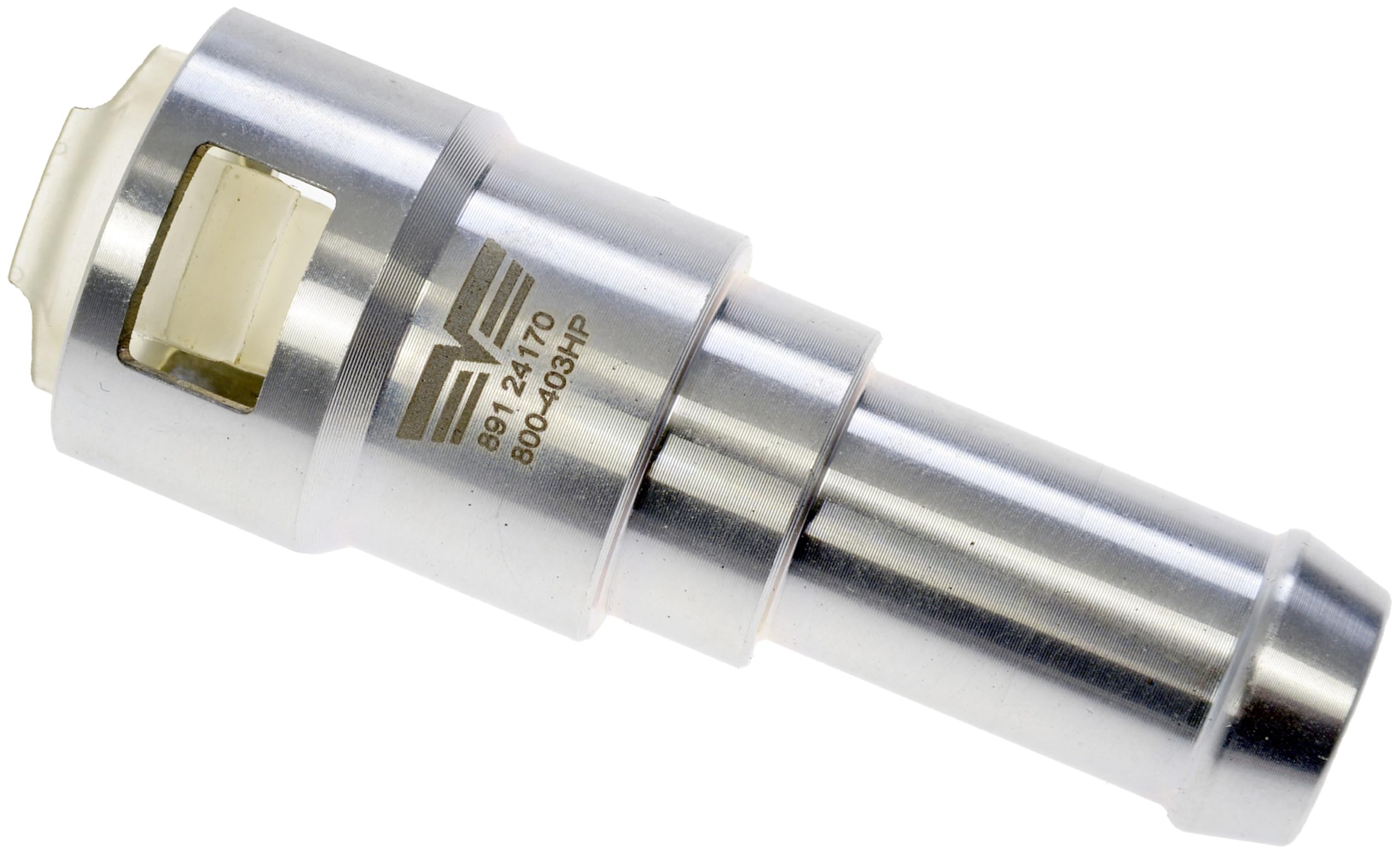 Dorman 800-403HP metal heater hose connector, outer view, rugged metal design for long-lasting repairs.