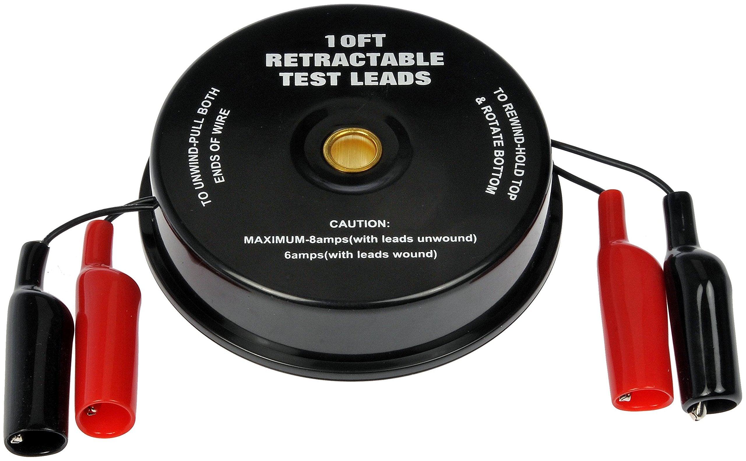 Dorman 84610 retractable test leads with magnetic backcase on a metal workbench.