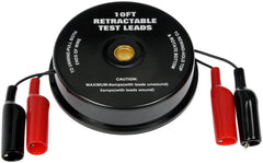 Dorman 84610 retractable test leads with magnetic backcase on a metal workbench.