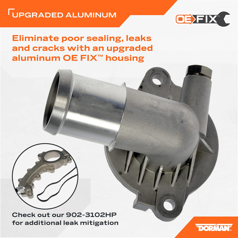 Dorman aluminum thermostat housing demonstrates optimized coolant flow for efficient engine cooling.