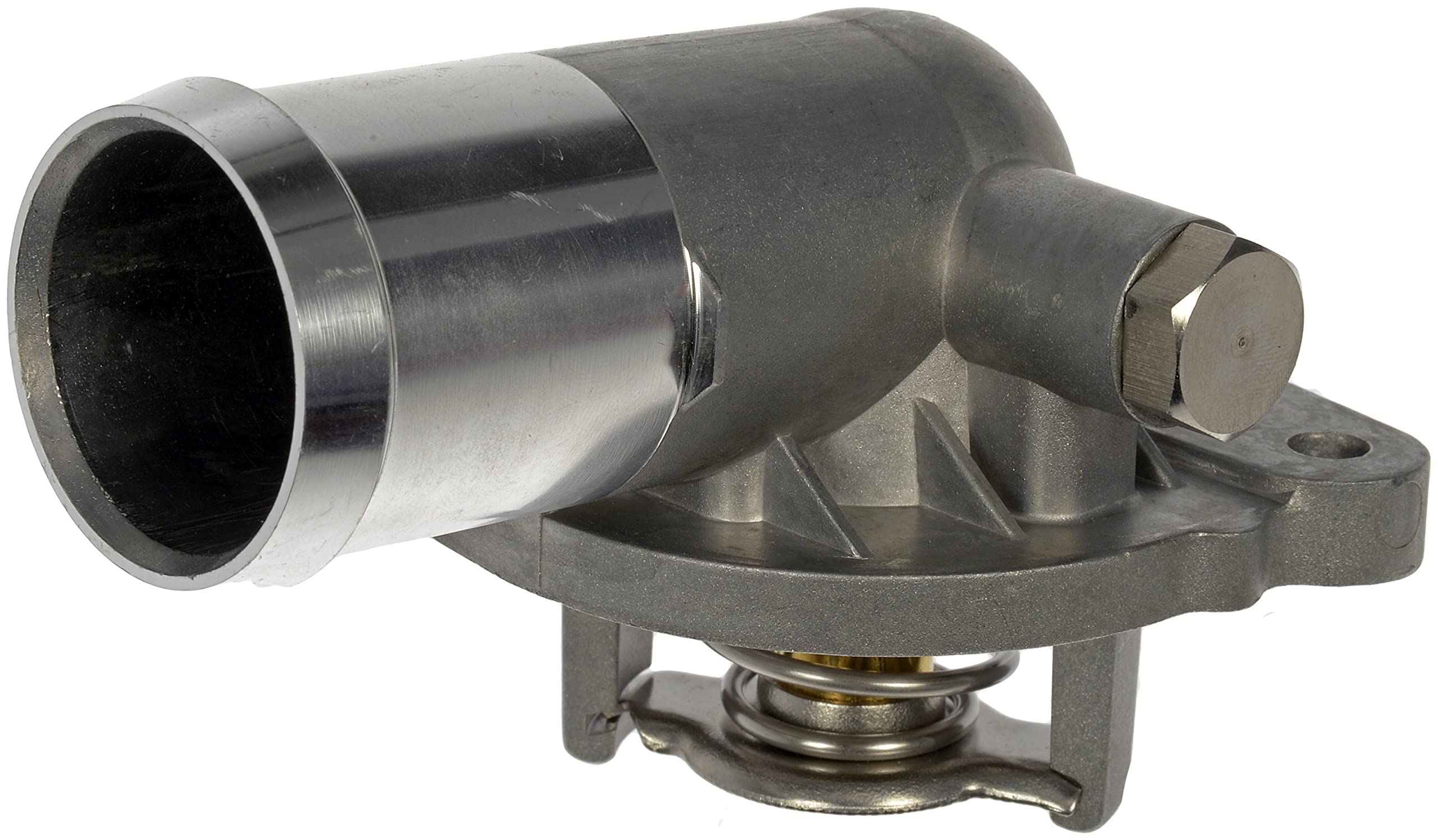 Dorman 902-3036XD aluminum thermostat housing viewed up close, boosting durability and heat transfer.