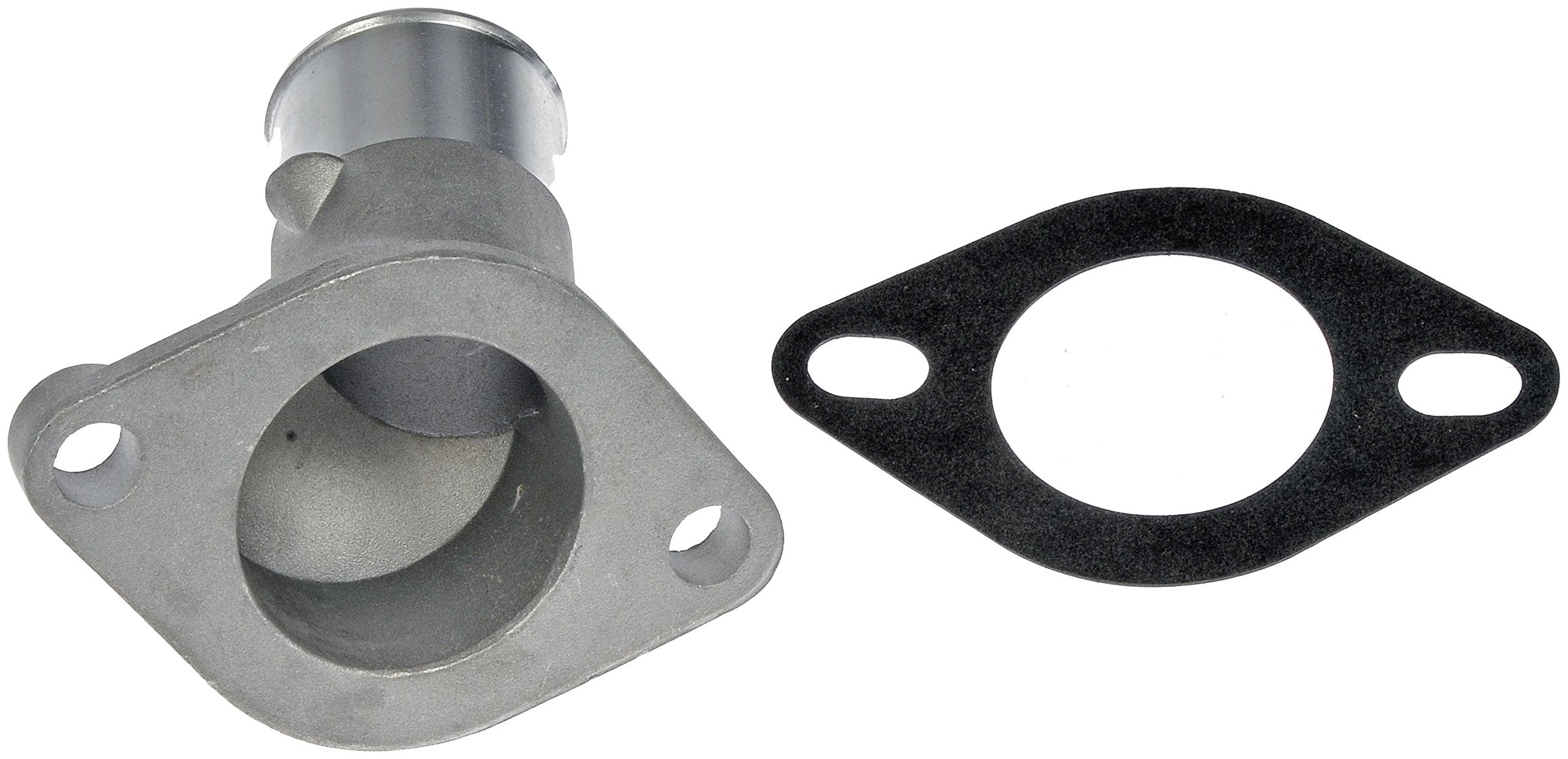 Dorman 902-694 engine coolant thermostat housing, side view, durable upgrade resists cracks.