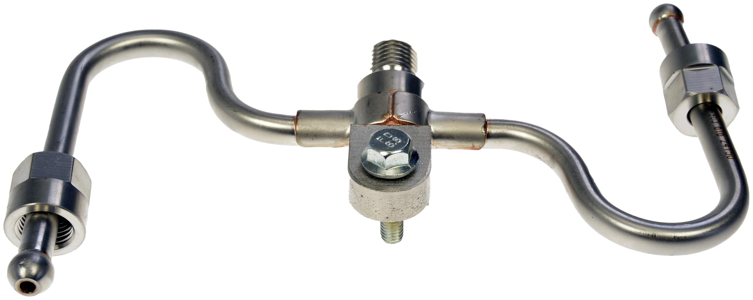 Dorman fuel injector line with mounting hardware included for plug-and-play install.