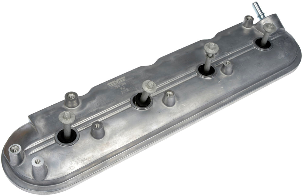 Dorman driver-side valve cover front view highlights precise fit and heat resistance.