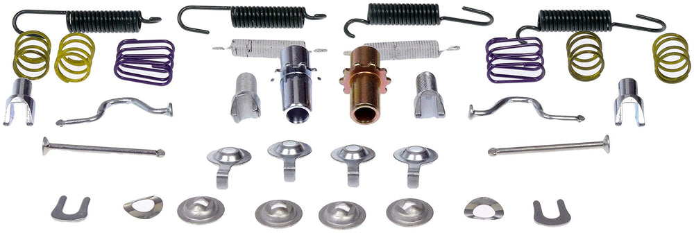 Dorman HW17393 rear parking brake hardware kit components laid out for inspection and installation readiness.